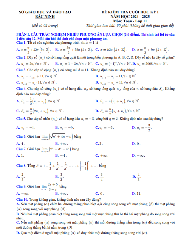 đề kiểm tra cuối học kỳ 1 toán 11 năm 2024 – 2025 sở gd&đt bắc ninh