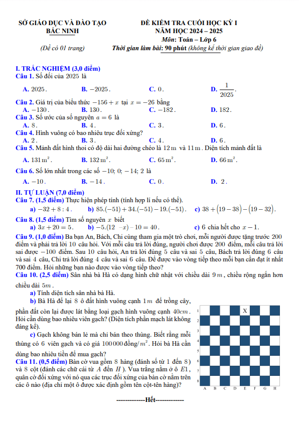 đề kiểm tra cuối học kỳ 1 toán 6 năm 2024 – 2025 sở gd&đt bắc ninh