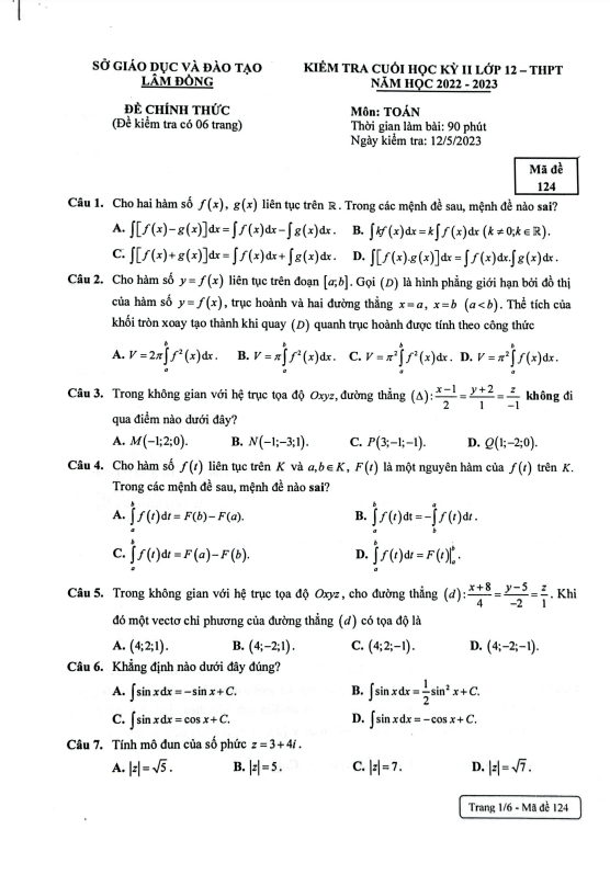 đề kiểm tra cuối học kỳ 2 toán 12 năm 2022 – 2023 sở gd&đt lâm đồng