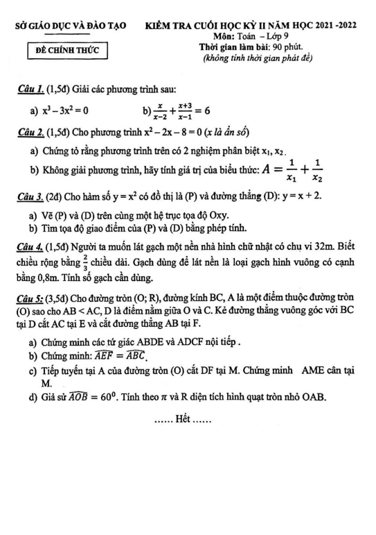 đề kiểm tra cuối học kỳ 2 toán 9 năm 2021 – 2022 sở gd&đt bình dương