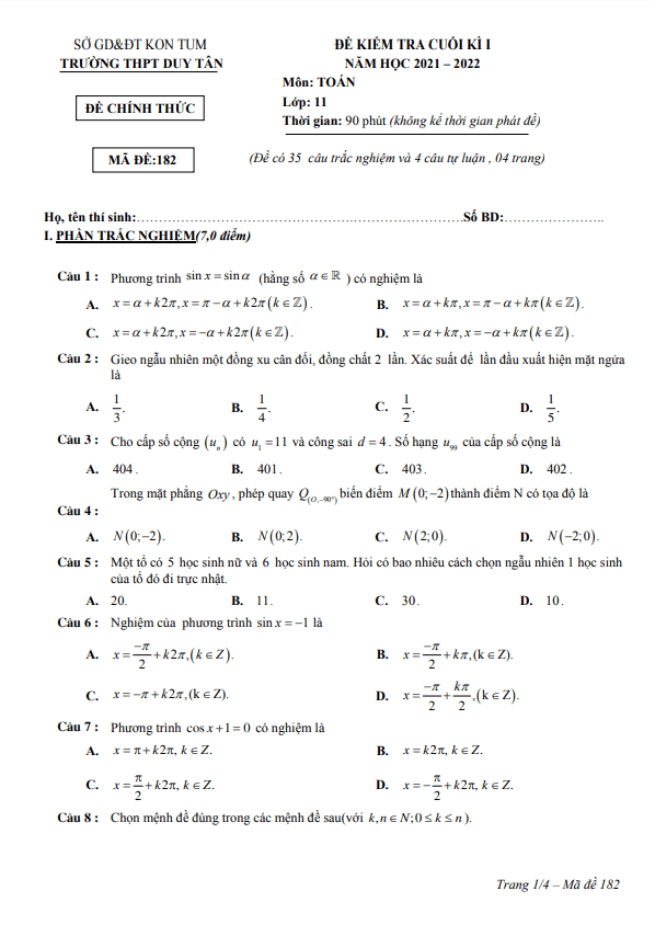 đề kiểm tra cuối kì 1 toán 11 năm 2021 – 2022 trường thpt duy tân – kon tum
