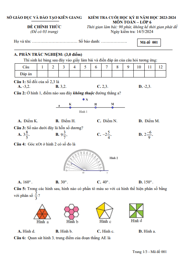 đề kiểm tra cuối kỳ 2 toán 6 năm 2023 – 2024 sở gd&đt kiên giang