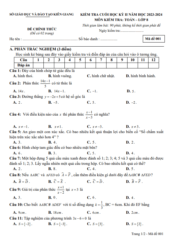 đề kiểm tra cuối kỳ 2 toán 8 năm 2023 – 2024 sở gd&đt kiên giang