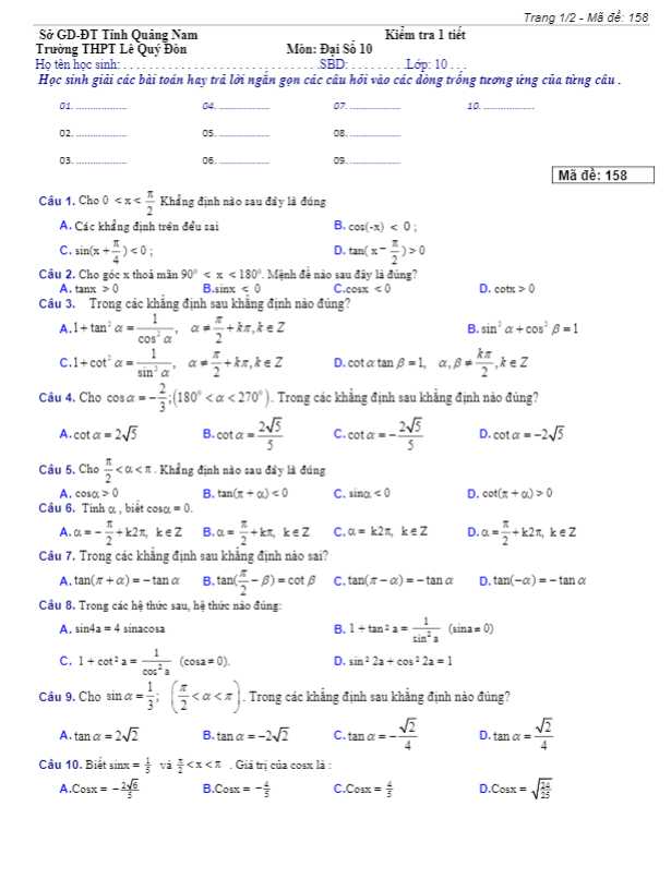 đề kiểm tra đại số 10 chương 6 (công thức lượng giác) trường thpt lê quý đôn – quảng nam