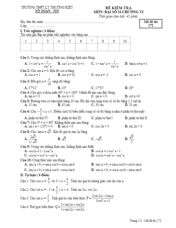 đề kiểm tra đại số 10 chương 6 (công thức lượng giác) trường thpt lý thường kiệt – gia lai