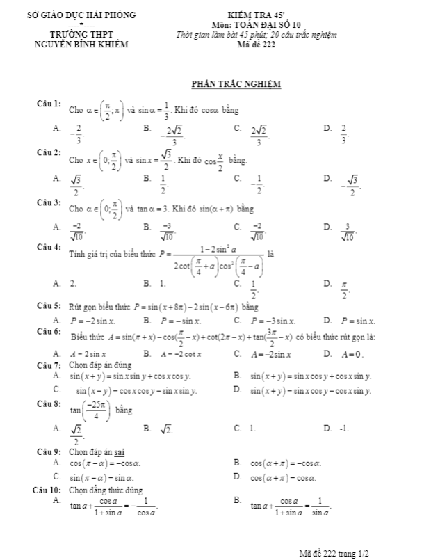 đề kiểm tra đại số 10 chương 6 (công thức lượng giác) trường thpt nguyễn bỉnh khiêm – hải phòng