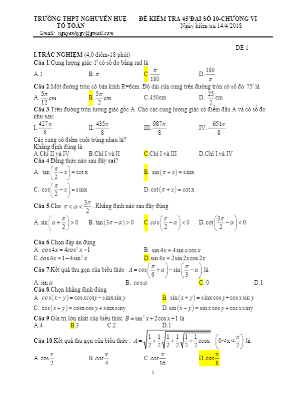 đề kiểm tra đại số 10 chương 6 năm 2017 – 2018 trường nguyễn huệ – vũng tàu