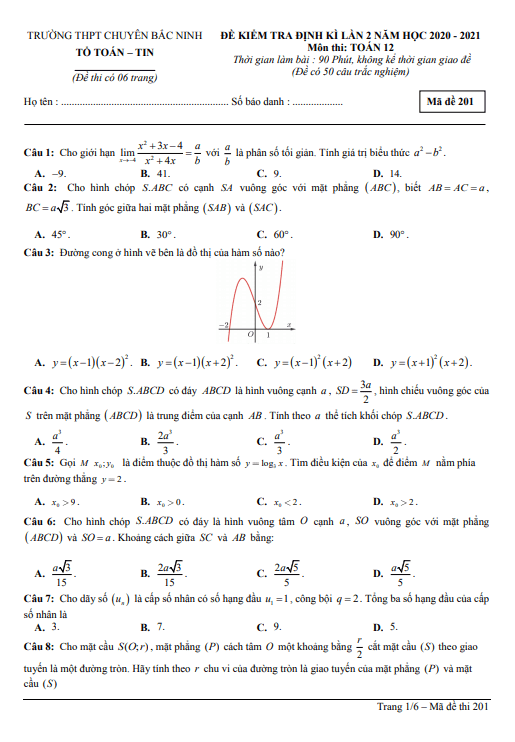 đề kiểm tra định kì toán 12 lần 2 năm 2020 – 2021 trường thpt chuyên bắc ninh