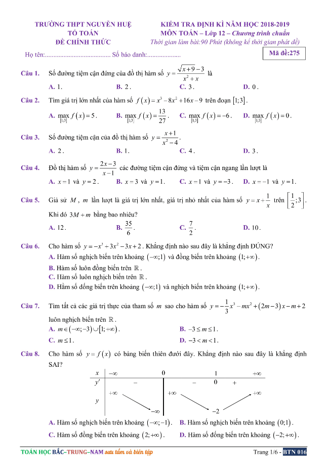 đề kiểm tra định kì toán 12 năm học 2018 – 2019 trường thpt nguyễn huệ – tt. huế