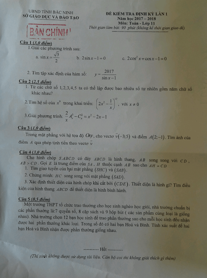 đề kiểm tra định kỳ lần 1 toán 11 năm học 2017 – 2018 sở gd và đt bắc ninh