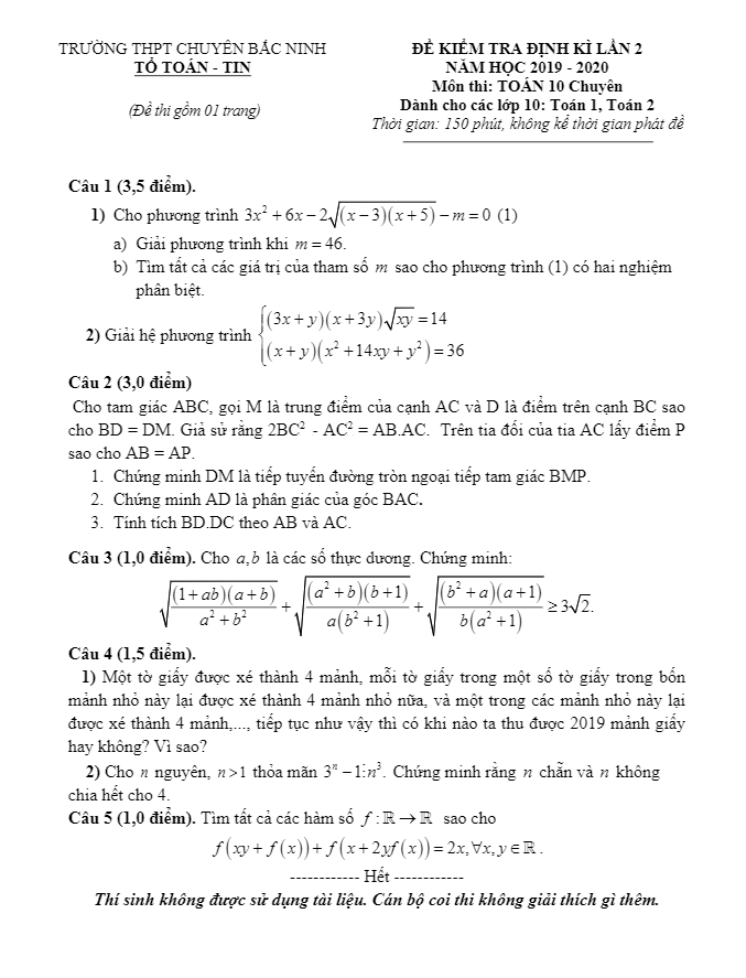 đề kiểm tra định kỳ lần 2 toán 10 năm 2019 – 2020 trường chuyên bắc ninh