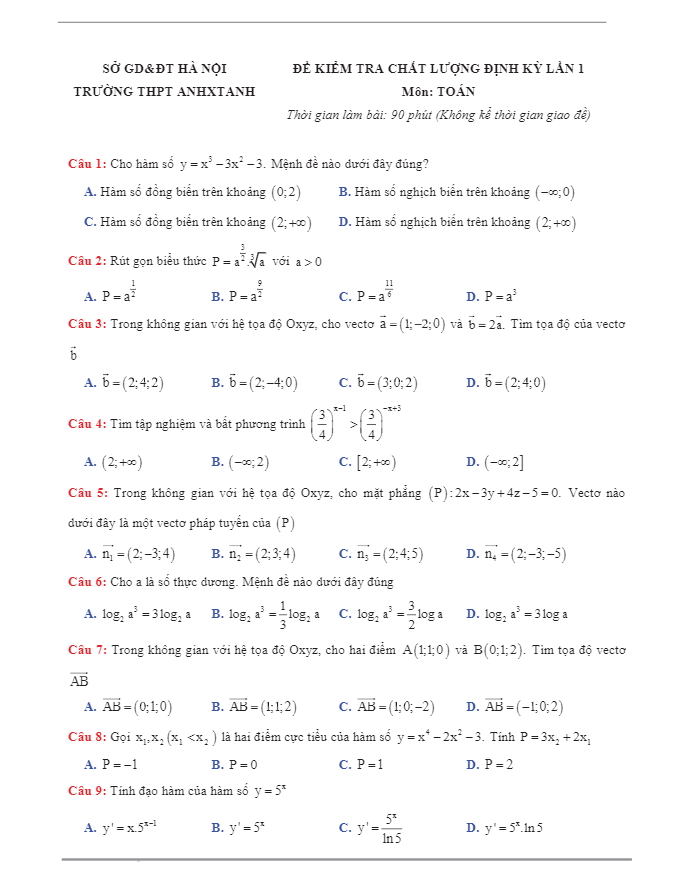 đề kiểm tra định kỳ tháng 9 môn toán 12 trường thpt anhxtanh – hà nội