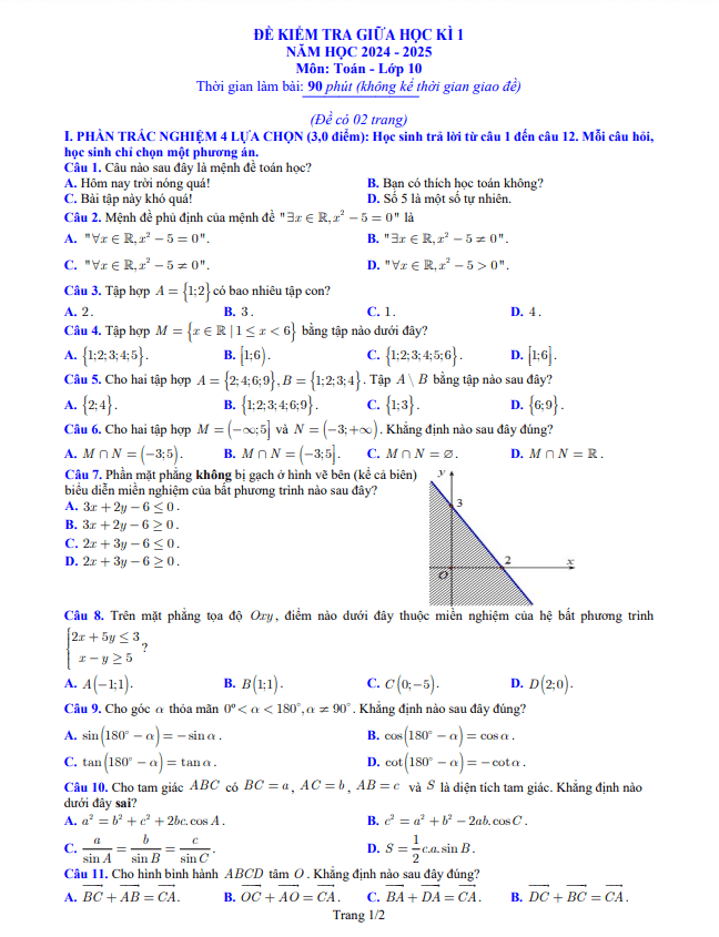 đề kiểm tra giữa học kì 1 toán 10 năm 2024 – 2025 sở gd&đt bắc ninh