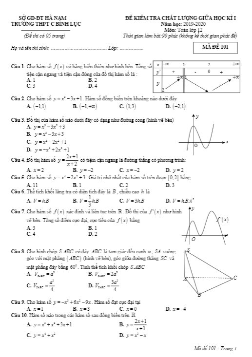 đề kiểm tra giữa học kì 1 toán 12 năm 2019 – 2020 trường c bình lục – hà nam