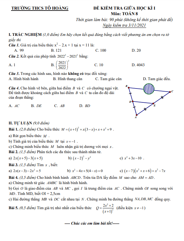 đề kiểm tra giữa học kì 1 toán 8 năm 2021 – 2022 trường thcs tô hoàng – hà nội