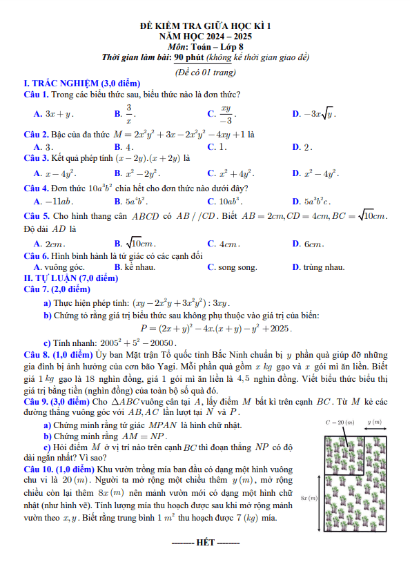 đề kiểm tra giữa học kì 1 toán 8 năm 2024 – 2025 sở gd&đt bắc ninh