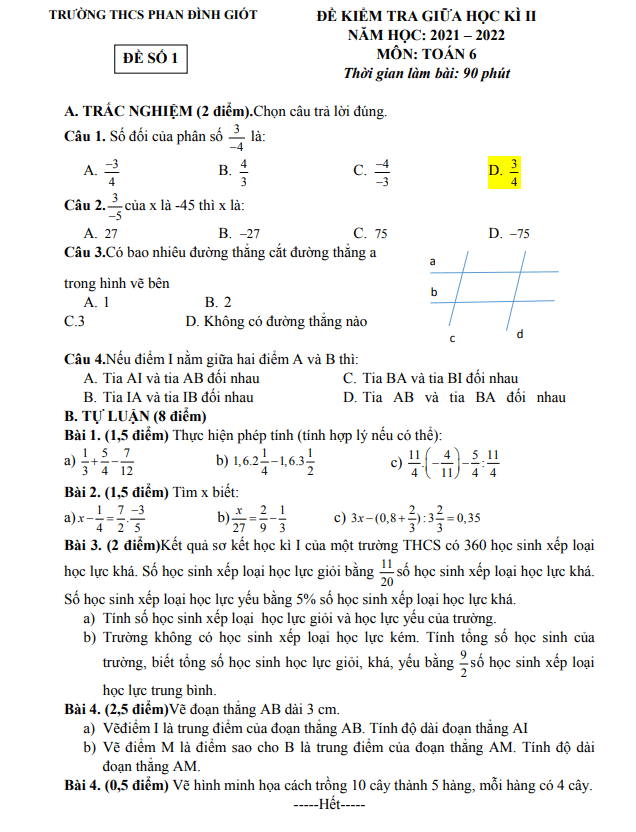 đề kiểm tra giữa học kì 2 toán 6 năm 2021 – 2022 trường thcs phan đình giót – hà nội