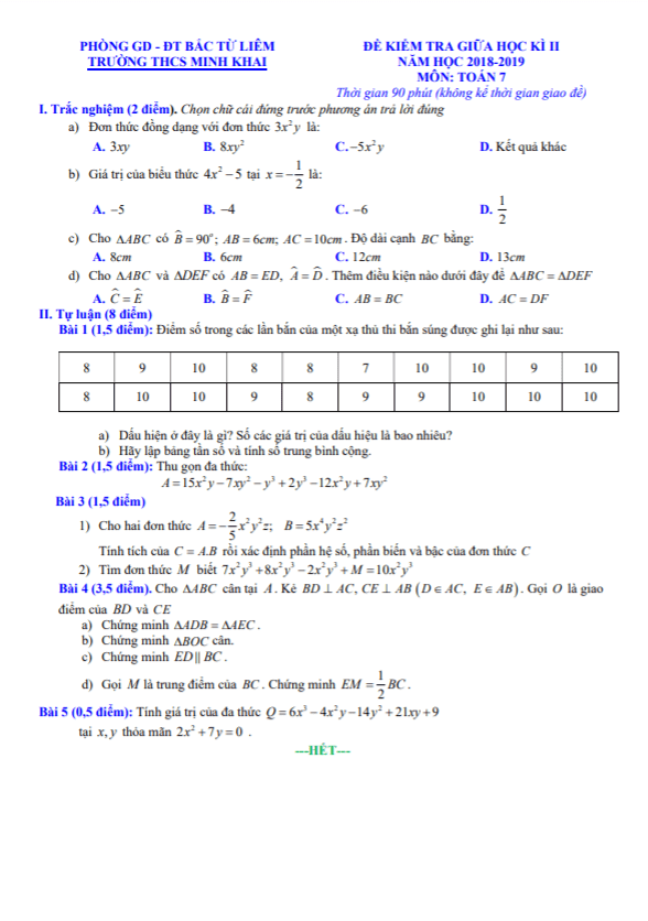 đề kiểm tra giữa học kì 2 toán 7 năm 2018 – 2019 trường thcs minh khai – hà nội