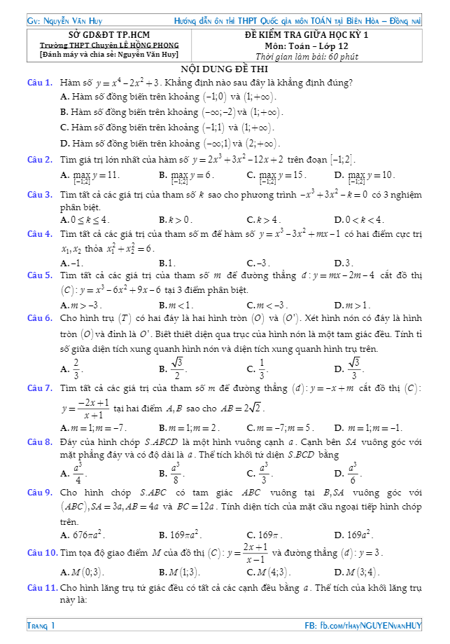 đề kiểm tra giữa học kỳ 1 môn toán 12 trường thpt chuyên lê hồng phong – tp. hcm