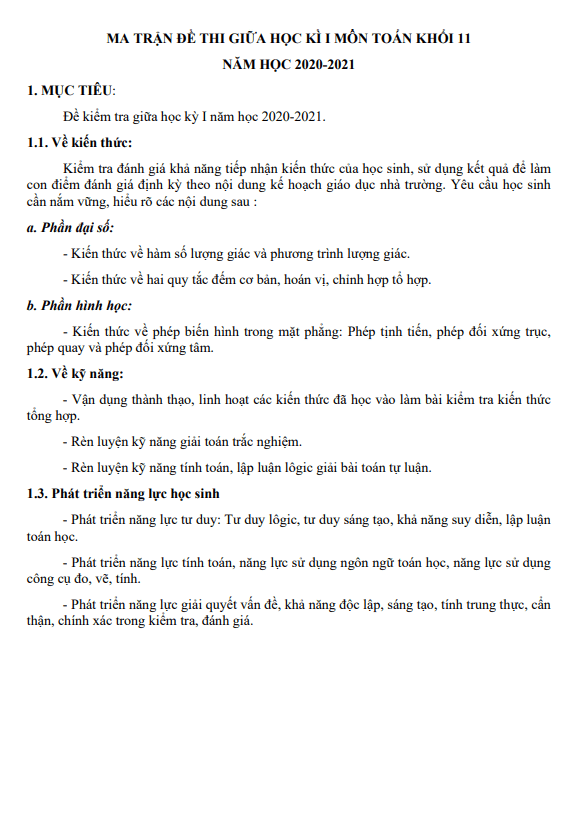đề kiểm tra giữa học kỳ 1 toán 11 năm 2020 – 2021 trường thpt sầm sơn – thanh hóa