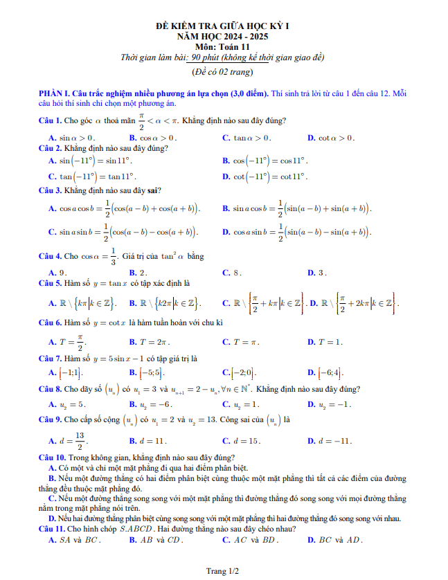 đề kiểm tra giữa học kỳ 1 toán 11 năm 2024 – 2025 sở gd&đt bắc ninh