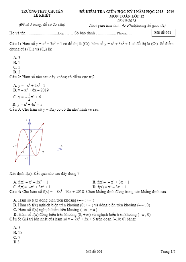 đề kiểm tra giữa học kỳ 1 toán 12 năm học 2018 – 2019 trường thpt chuyên lê khiết – quảng ngãi