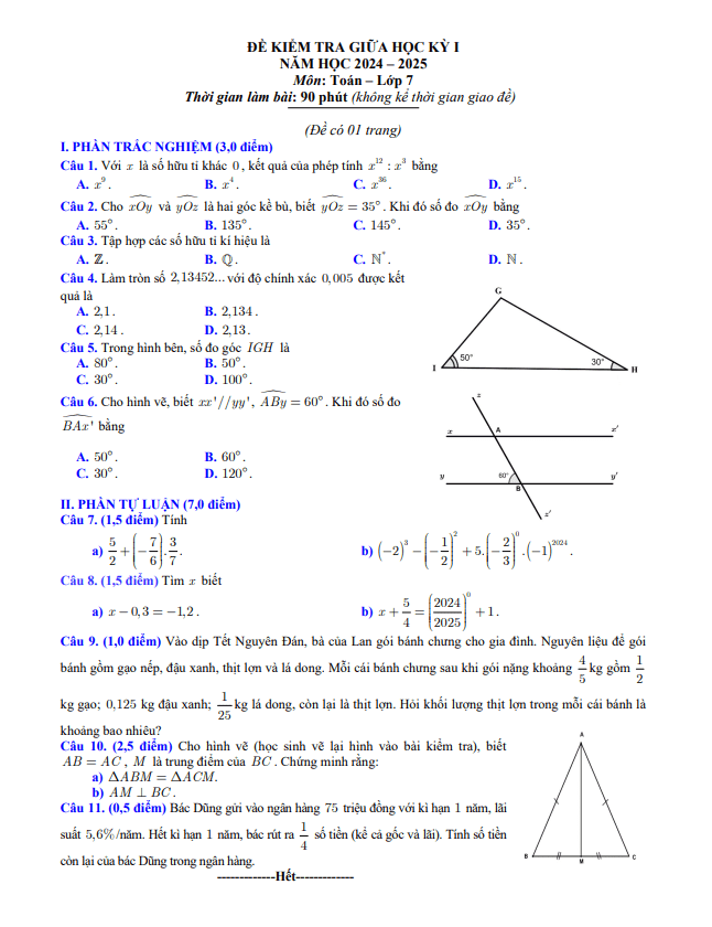 đề kiểm tra giữa học kỳ 1 toán 7 năm 2024 – 2025 sở gd&đt bắc ninh
