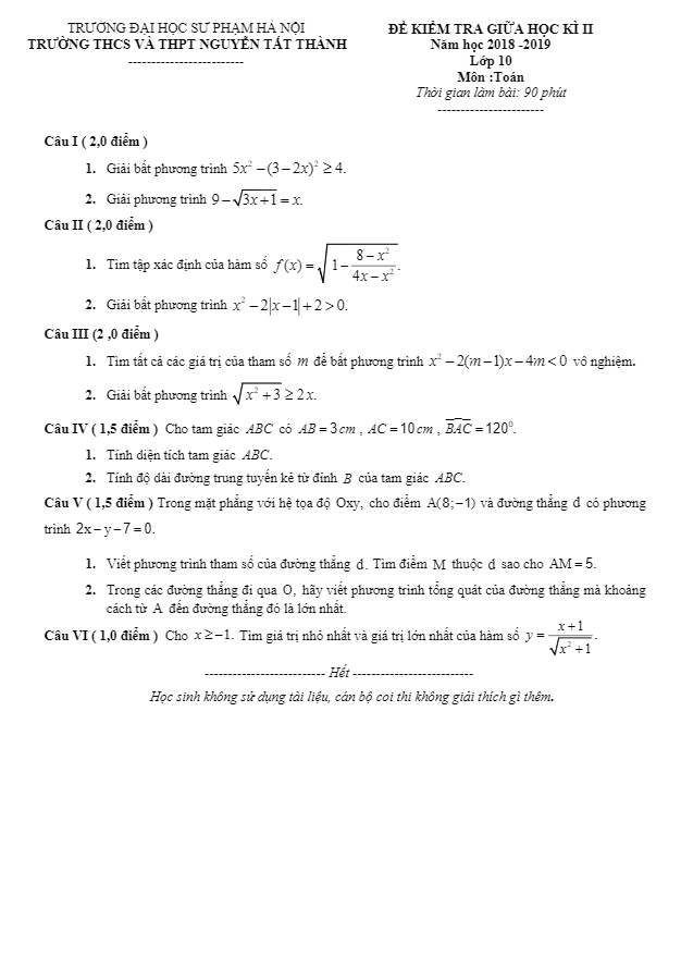 đề kiểm tra giữa học kỳ 2 toán 10 năm 2019 trường nguyễn tất thành – hà nội