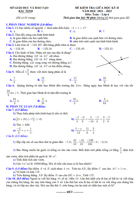 đề kiểm tra giữa học kỳ 2 toán 6 năm 2022 – 2023 sở gd&đt bắc ninh