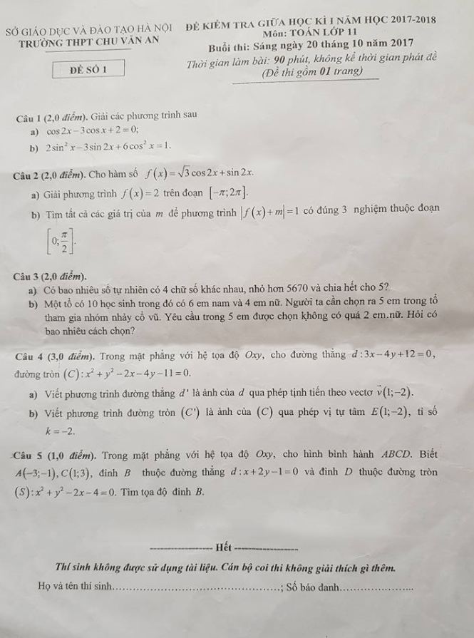 đề kiểm tra giữa học kỳ i năm học 2017 – 2018 môn toán 11 trường thpt chu văn an – hà nội