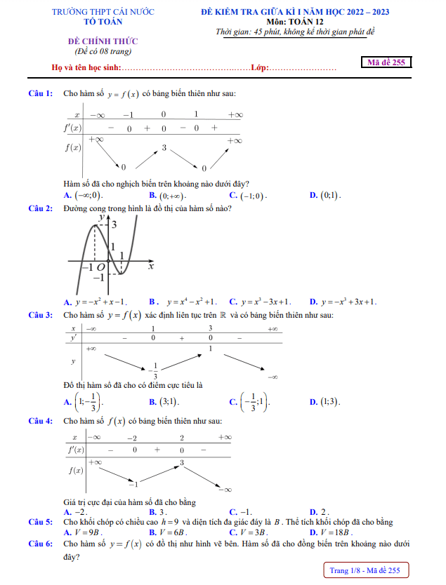 đề kiểm tra giữa kì 1 toán 12 năm 2022 – 2023 trường thpt cái nước – cà mau