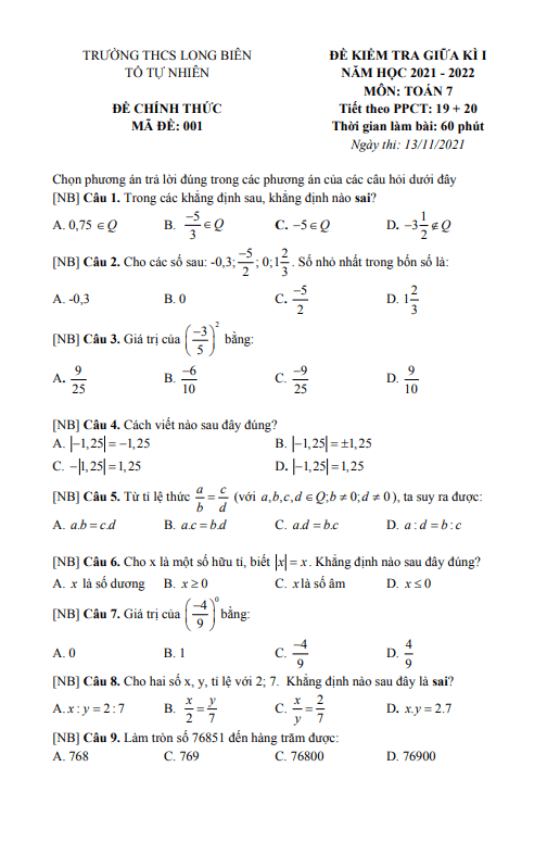 đề kiểm tra giữa kì 1 toán 7 năm 2021 – 2022 trường thcs long biên – hà nội