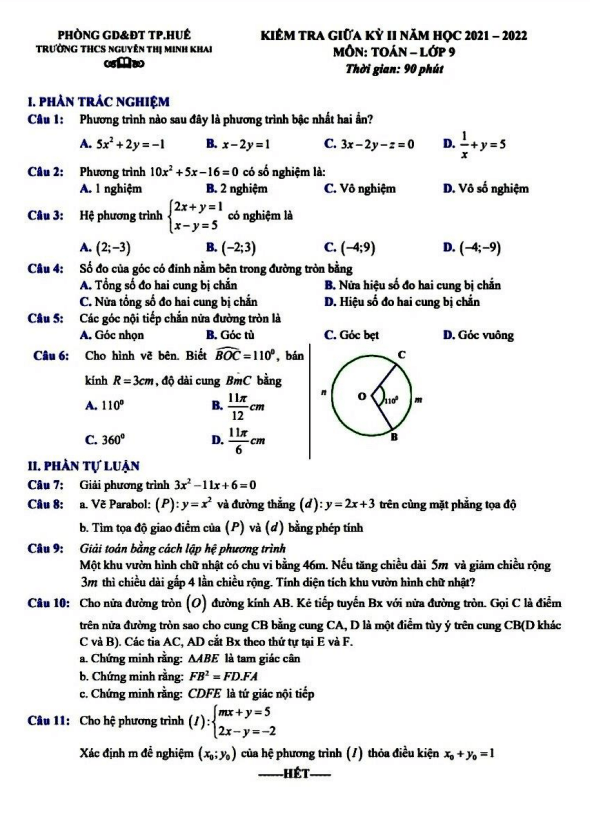 đề kiểm tra giữa kỳ 2 toán 9 năm 2021 – 2022 trường thcs nguyễn thị minh khai – tt huế