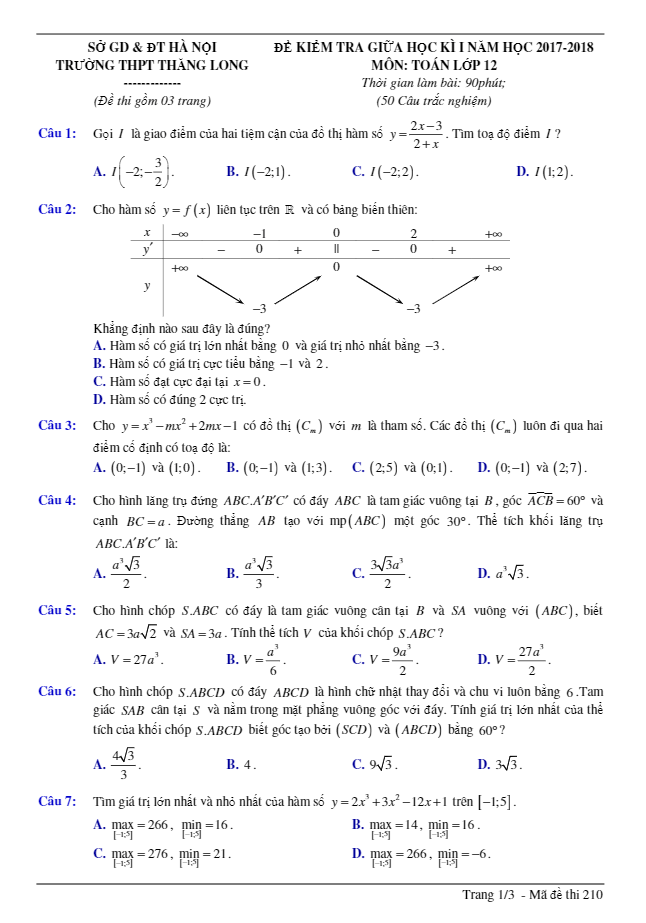 đề kiểm tra giữa kỳ i năm học 2017 – 2018 môn toán 12 trường thpt thăng long – hà nội