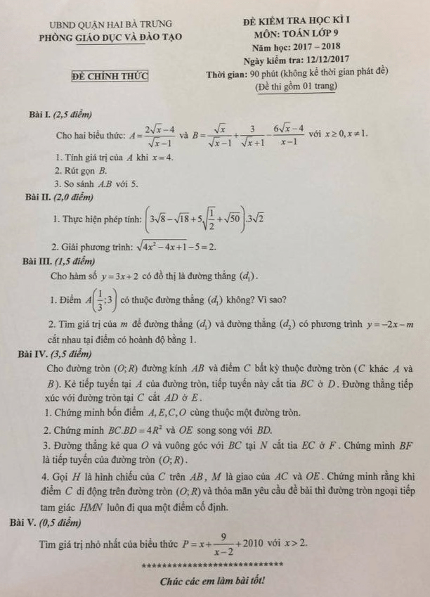 đề kiểm tra hk1 toán 9 năm học 2017 – 2018 phòng gd và đt hai bà trưng – hà nội