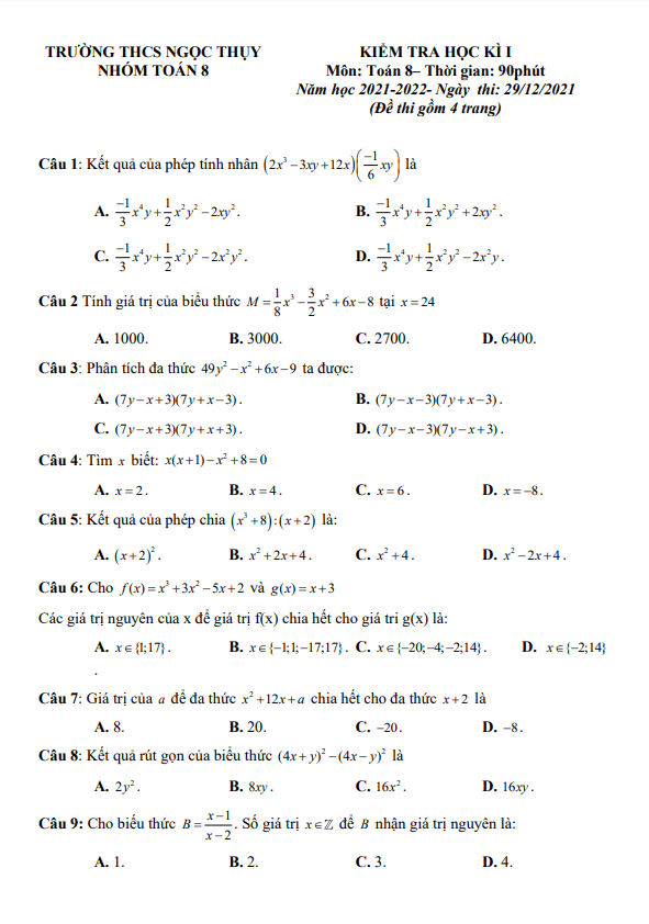 đề kiểm tra học kì 1 toán 8 năm 2021 – 2022 trường thcs ngọc thụy – hà nội
