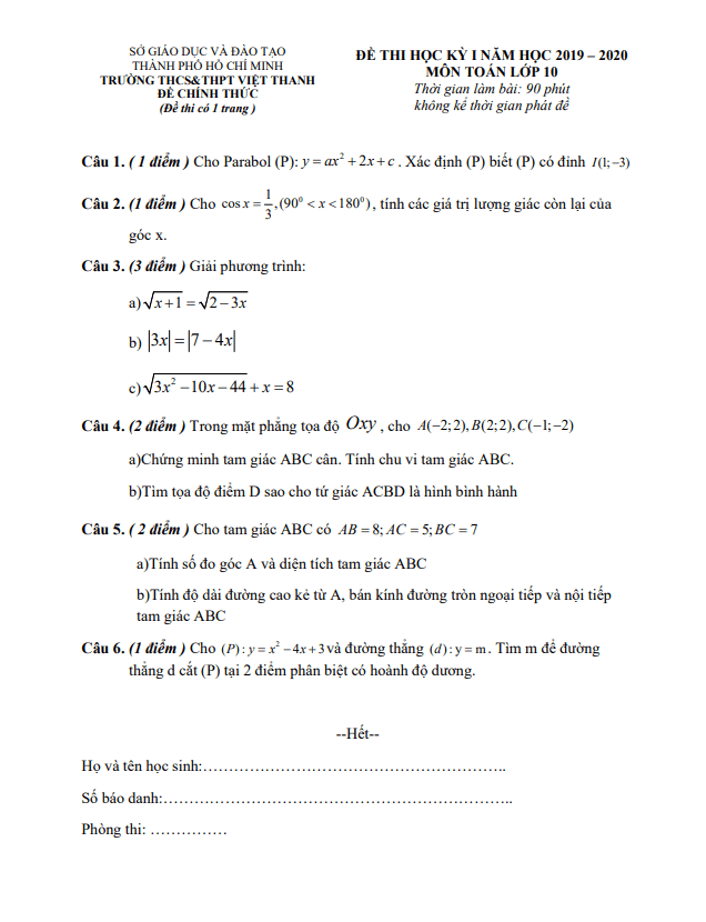 đề kiểm tra học kỳ 1 toán 10 năm 2019 – 2020 trường việt thanh – tp hcm