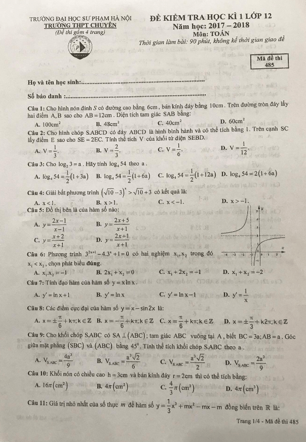đề kiểm tra học kỳ 1 toán 12 năm học 2017 – 2018 trường thpt chuyên đại học sư phạm hà nội