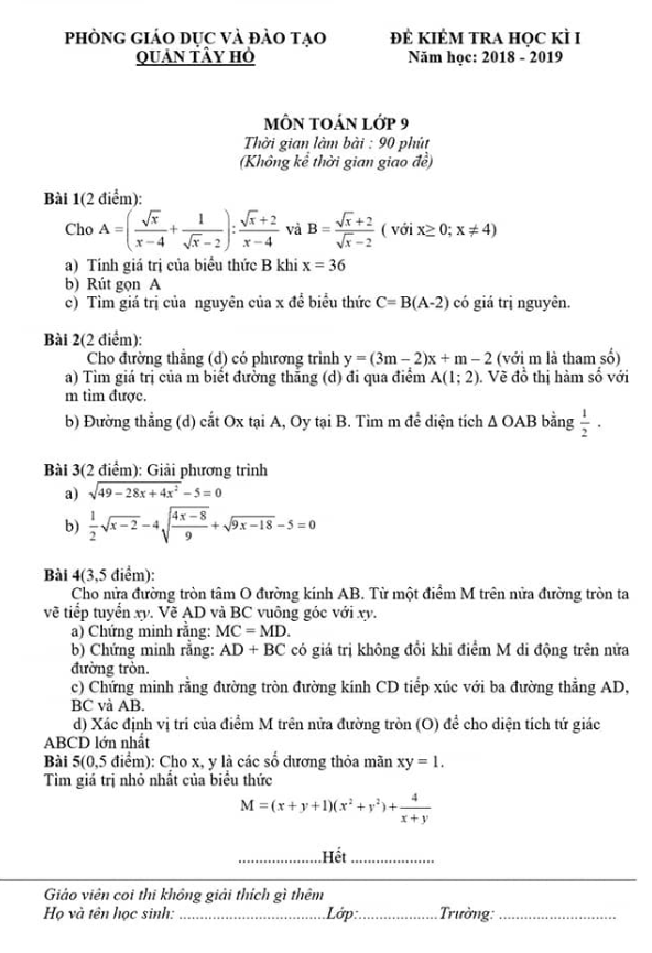 đề kiểm tra học kỳ 1 toán 9 năm 2018 – 2019 phòng gd&đt tây hồ – hà nội