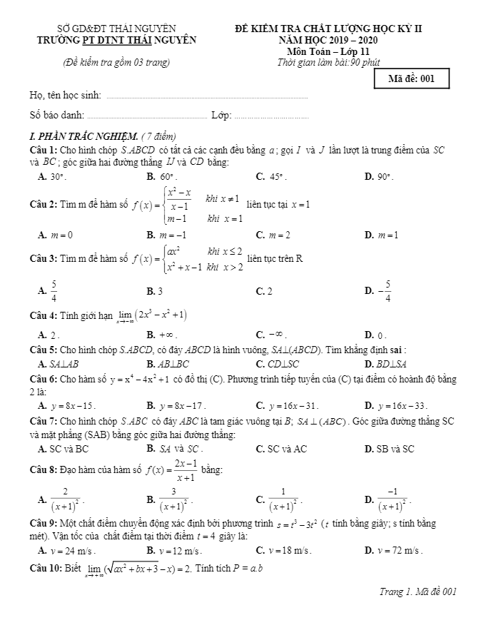 đề kiểm tra học kỳ 2 toán 11 năm 2019 – 2020 trường ptdt nội trú thái nguyên