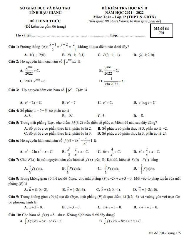 đề kiểm tra học kỳ 2 toán 12 năm 2021 – 2022 sở gd&đt hậu giang