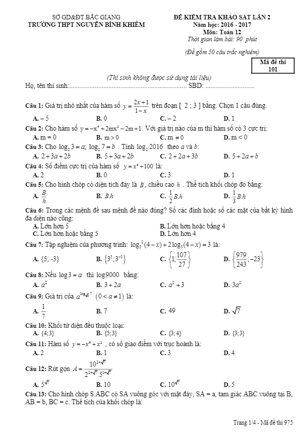 đề kiểm tra khảo sát lần 2 môn toán thpt nguyễn bỉnh khiêm – bắc giang