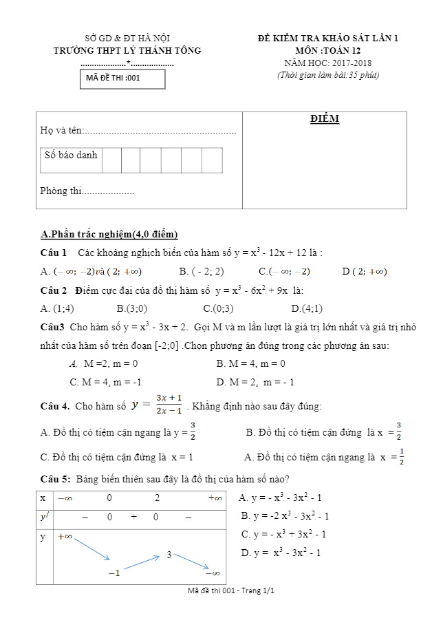 đề kiểm tra khảo sát môn toán 12 trường thpt lý thánh tông – hà nội lần 1