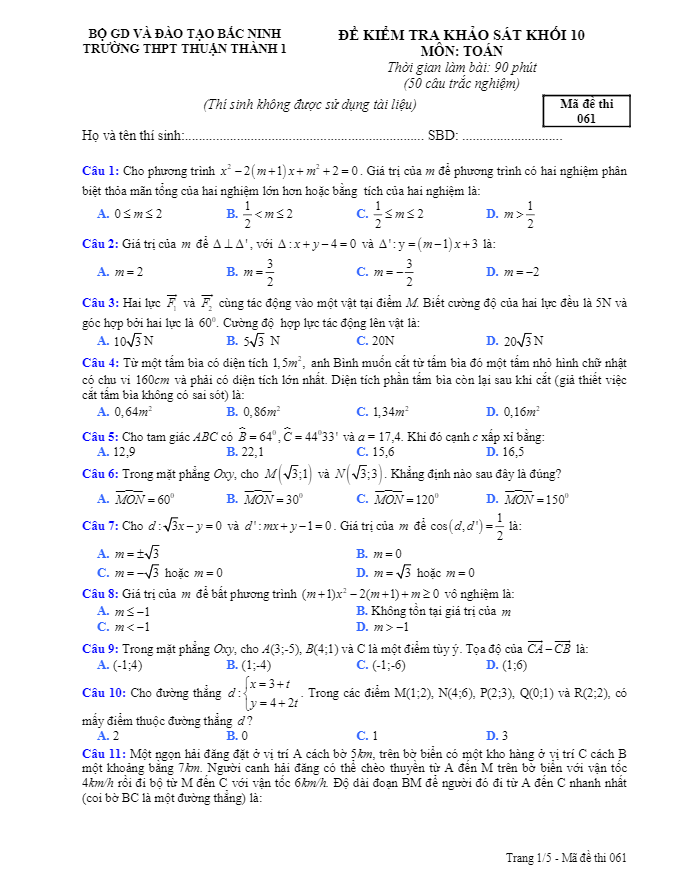 đề kiểm tra khảo sát môn toán lớp 10 trường thpt thuận thành 1 – bắc ninh