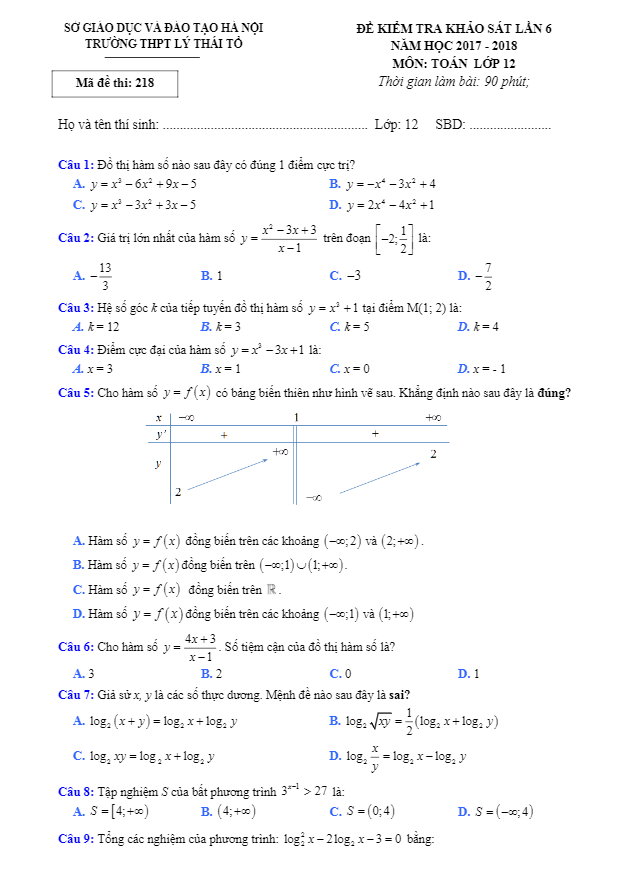 đề kiểm tra khảo sát toán 12 năm 2017 – 2018 trường lý thái tổ – hà nội lần 6