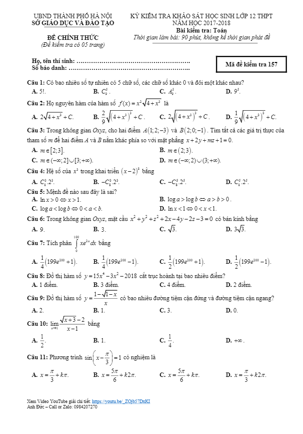 đề kiểm tra khảo sát toán 12 thpt năm học 2017 – 2018 sở gd và đt hà nội