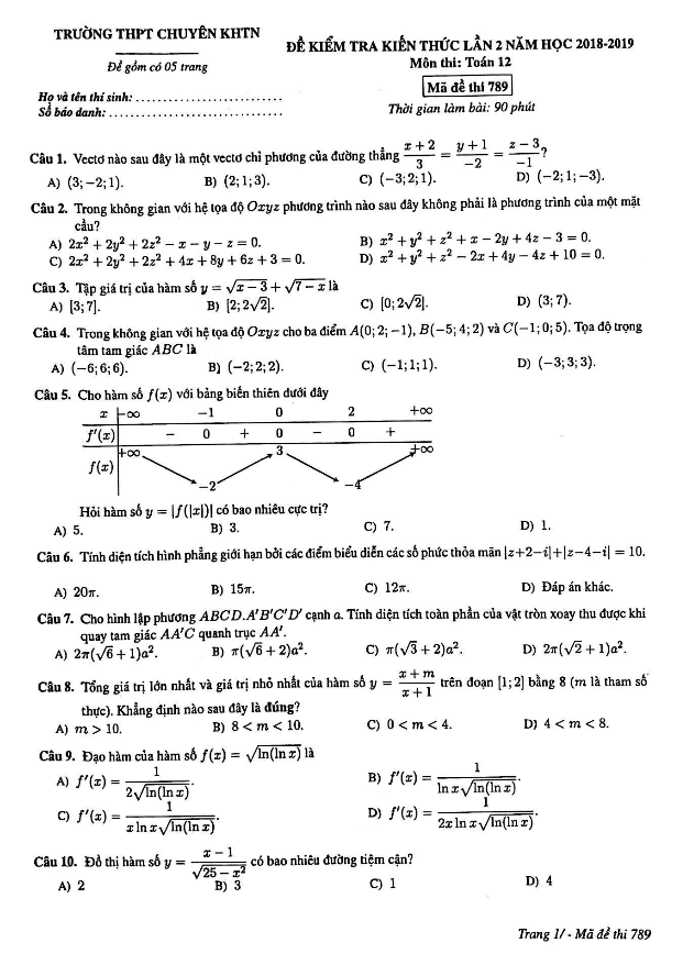 đề kiểm tra kiến thức toán 12 lần 2 năm 2018 – 2019 trường chuyên khtn – hà nội