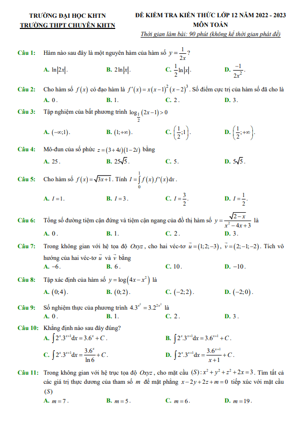 đề kiểm tra kiến thức toán 12 năm 2022 – 2023 trường thpt chuyên khtn – hà nội