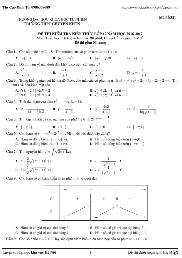đề kiểm tra kiến thức toán 12 năm học 2016 – 2017 trường thpt chuyên khtn – hà nội