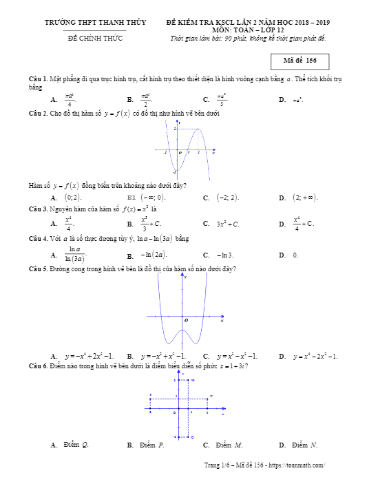 đề kiểm tra kscl lần 2 toán 12 năm 2018 – 2019 trường thanh thủy – phú thọ